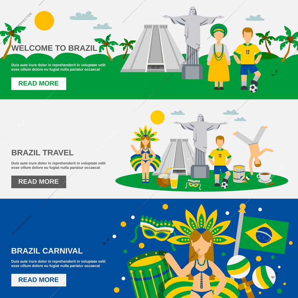 Brazil cultural travel information interactive web page 3 flat banners set for tourist and visitors abstract vector illustration