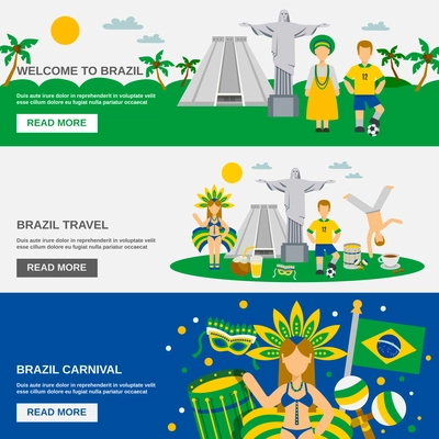 Brazil cultural travel information interactive web page 3 flat banners set for tourist and visitors abstract vector illustration