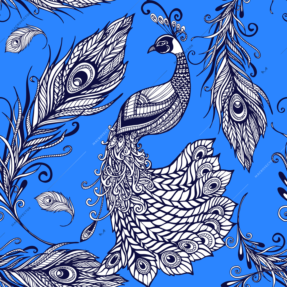 Decorative stylized peacock birds and feathers seamless tileable art pattern with blue background doodle abstract vector illustration