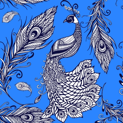 Decorative stylized peacock birds and feathers seamless tileable art pattern with blue background doodle abstract vector illustration