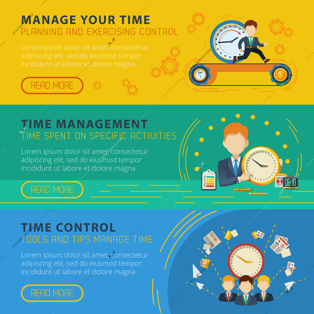 Time management and control 3 flat horizontal interactive banners set for more information isolated vector illustration