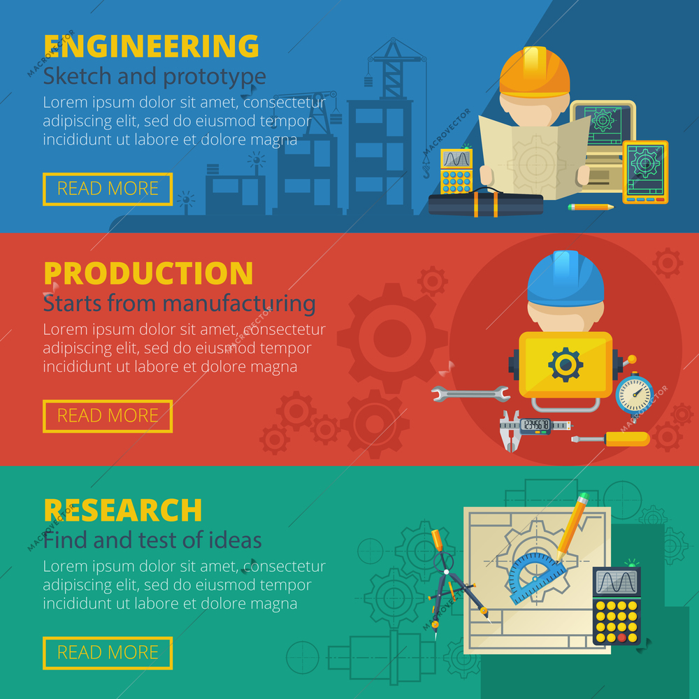 Civil engineering teamwork project research presentation and production design 3 flat banners set abstract vector isolated illustration