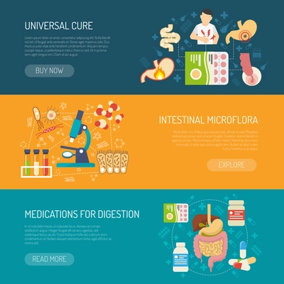 Digestion horizontal banners set with care and medications symbols flat isolated vector illustration