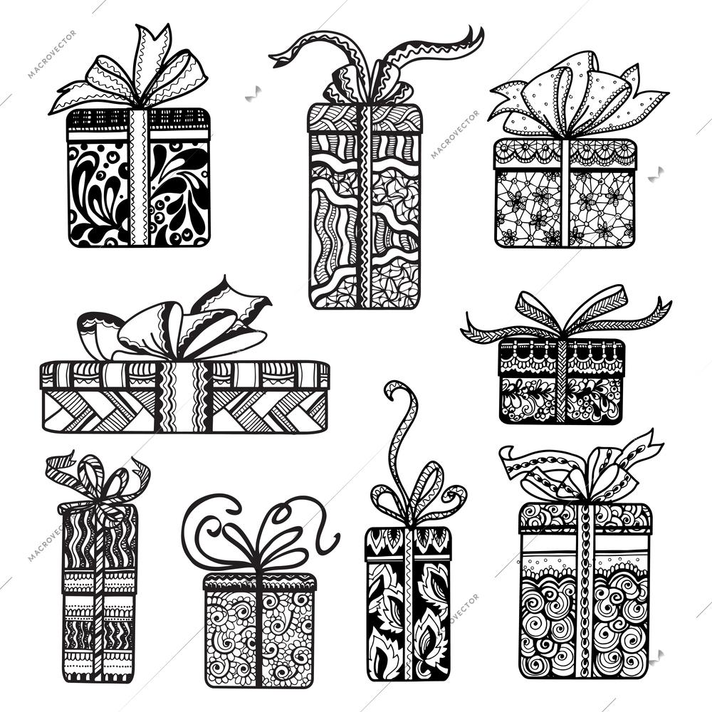 Holiday season presents and gifts boxes wrapped in festive  doodle style paper pictograms collection  isolated vector illustration