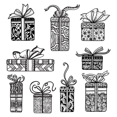 Holiday season presents and gifts boxes wrapped in festive  doodle style paper pictograms collection  isolated vector illustration