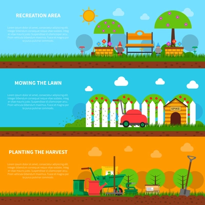 Gardening banner horizontal set with lawn moving and harvest planting elements isolated vector illustration
