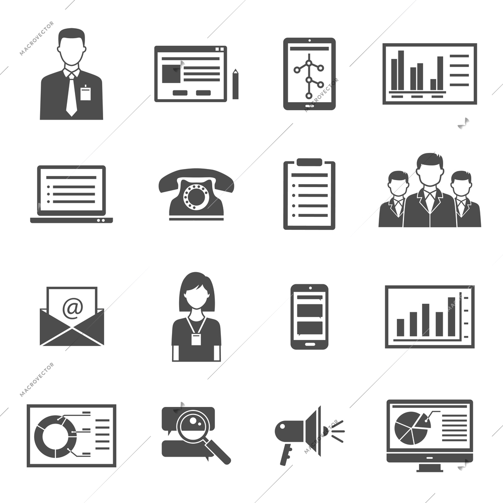 Collection of marketing black  icons with white background for blog performance web site design isolated vector illustration