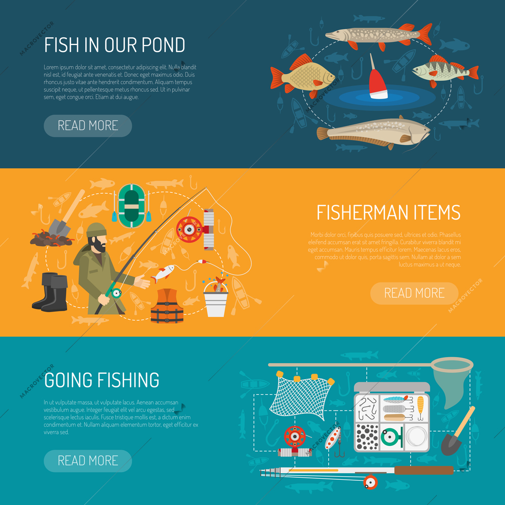 Fishing horizontal banners set with fisherman items symbols flat isolated vector illustration