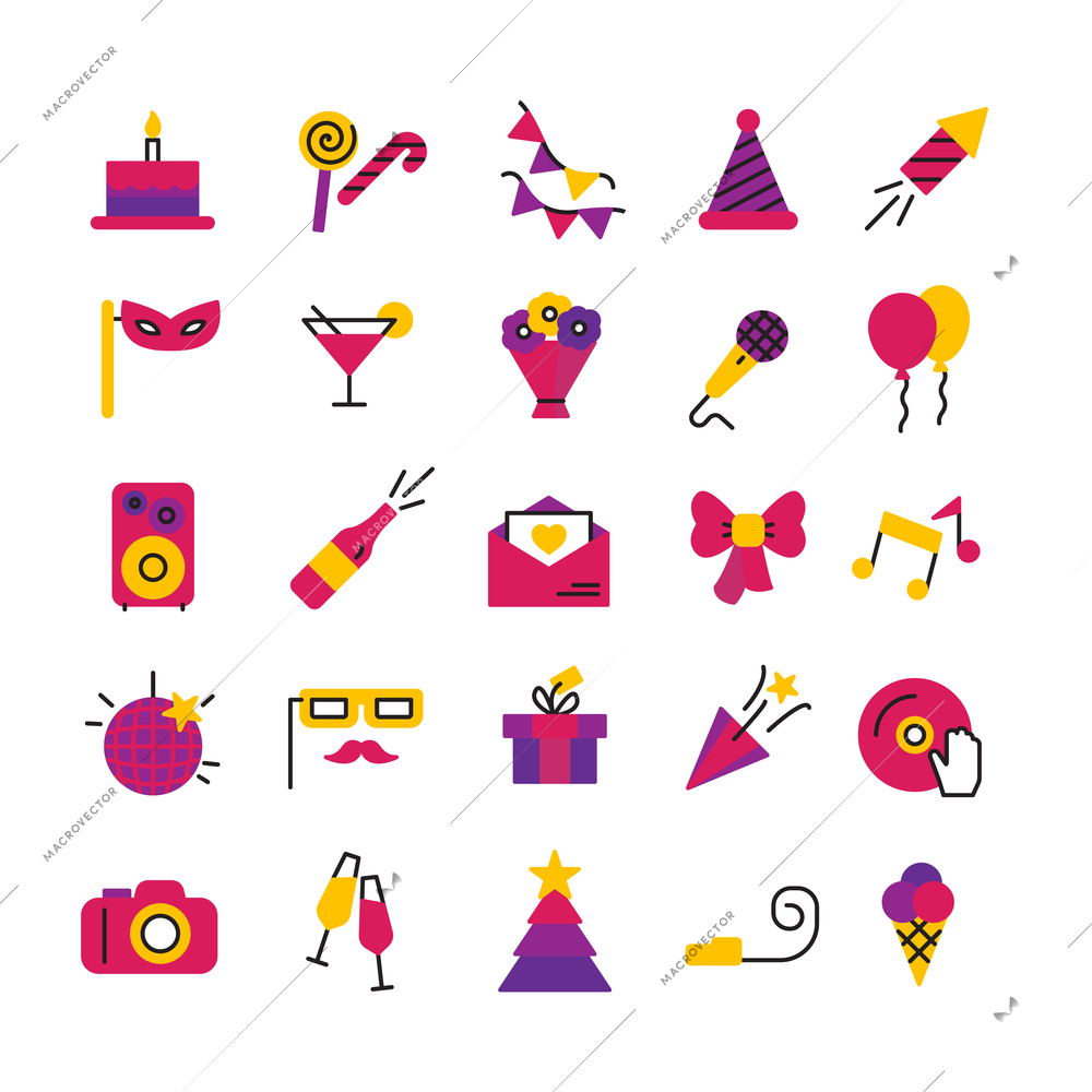 Celebration party and birthday icons set with masks petard champagne and balloons isolated vector illustration