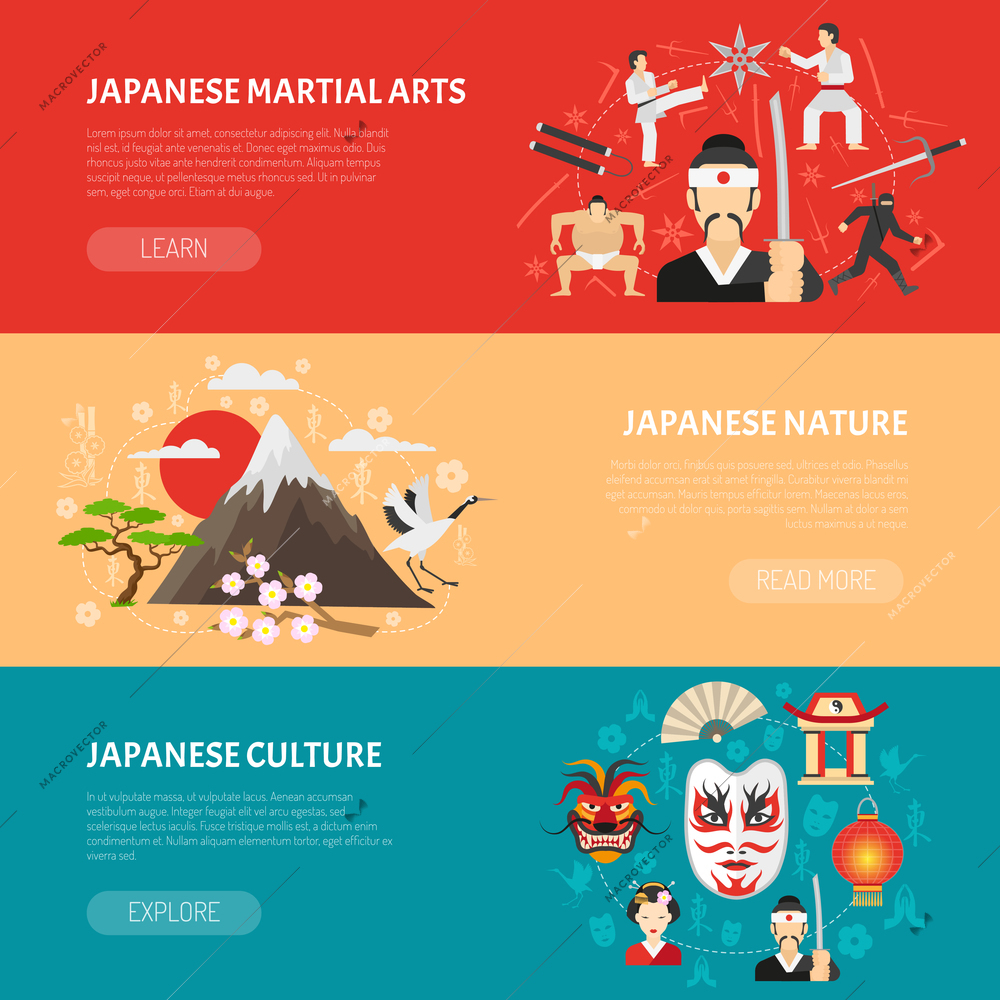 Japan horizontal banners set with martial arts and nature symbols flat isolated vector illustration