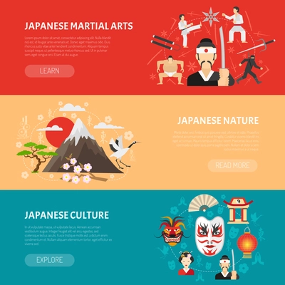 Japan horizontal banners set with martial arts and nature symbols flat isolated vector illustration