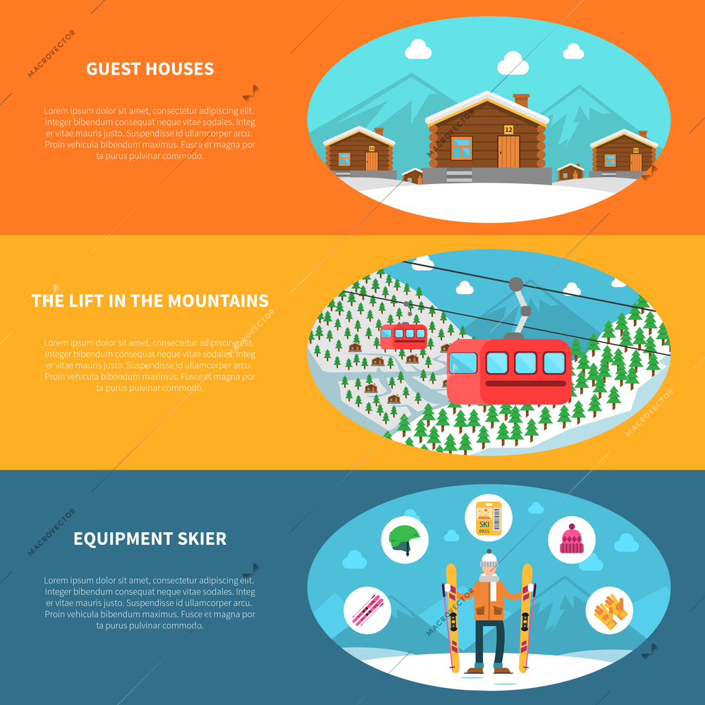 Winter sport horizontal banner set with skier equipment and mountain houses flat vector illustration