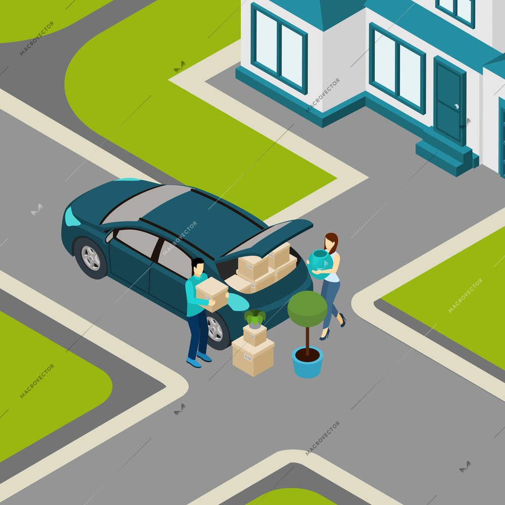 Family moving from house to apartment loading  packed boxes into car trunk isometric banner abstract vector illustration