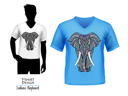 Indian souvenirs t-shirts with elephant symbol of power and good fortune white and blue  doodle vector illustration