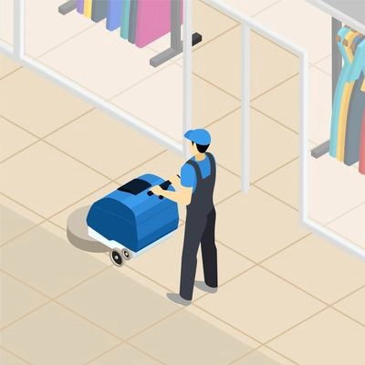 Professional cleaner at work at clothing department store in shopping mall center abstract isometric banner vector illustration