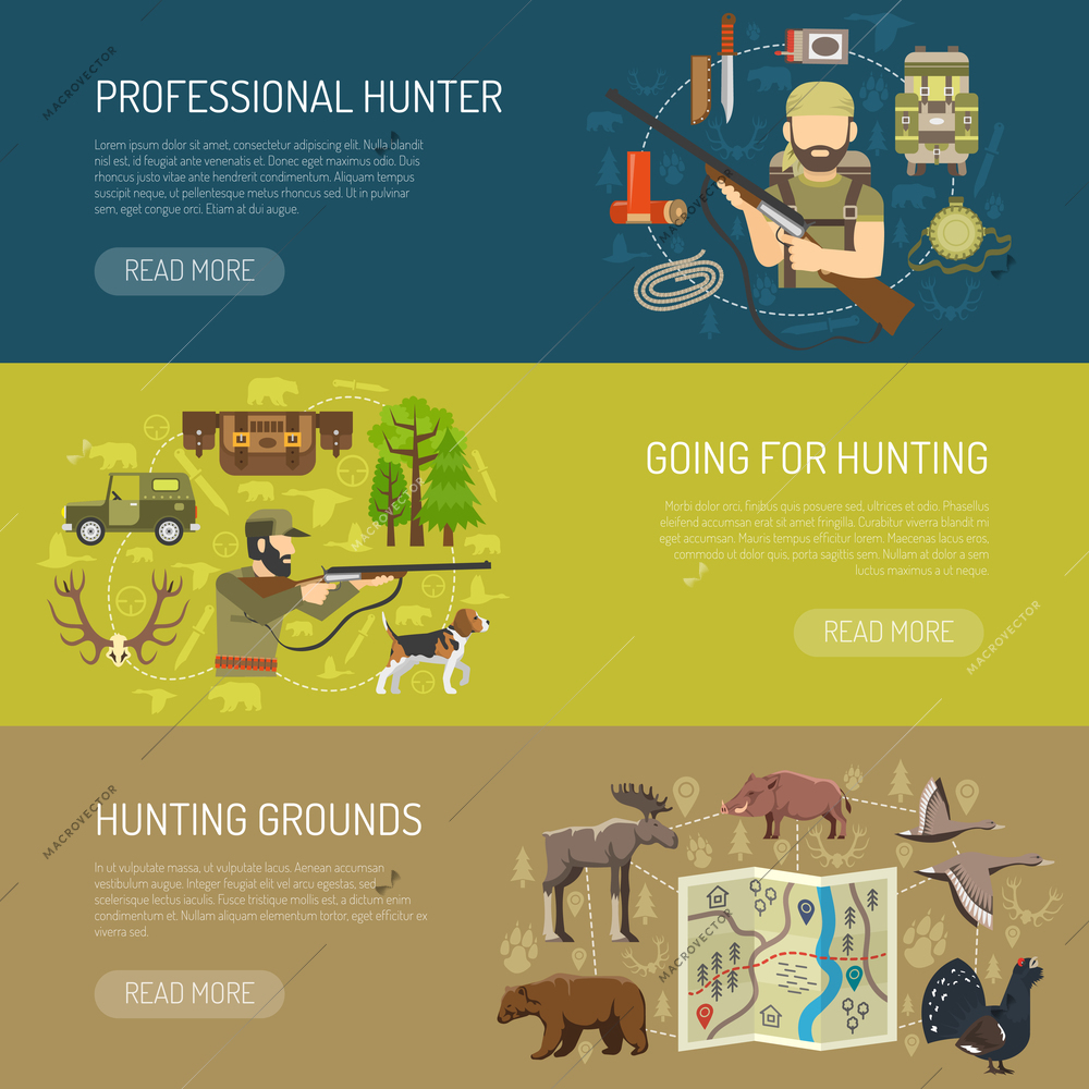 Flat horizontal banners collection of image hunter with hunting ammunition map of hunting grounds and group of wild animals vector illustration