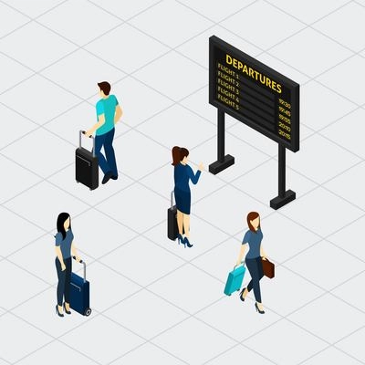 Airport departure board in passengers waiting room with overview of flight numbers and time isometric banner vector illustration