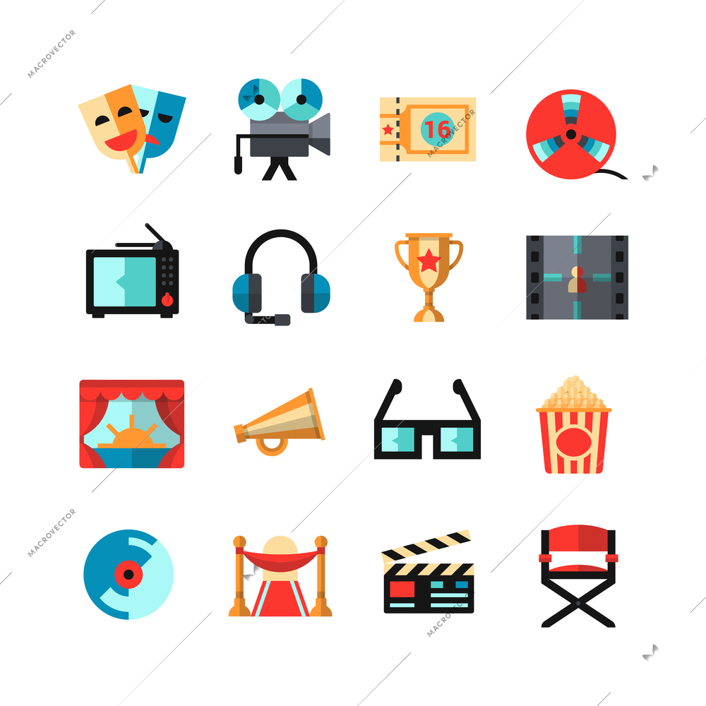 Cinema icon set with items film festival directors attributes tv camcorder and 3d glasses isolated vector illustration