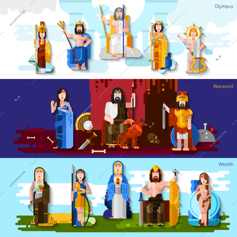 Three horizontal banners with cartoon figurines of mythological  olympic gods symbolizing the favor and protection flat vector illustration