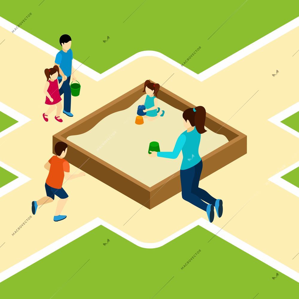 Playing on the playground with girls boys and grownups isometric vector illustration