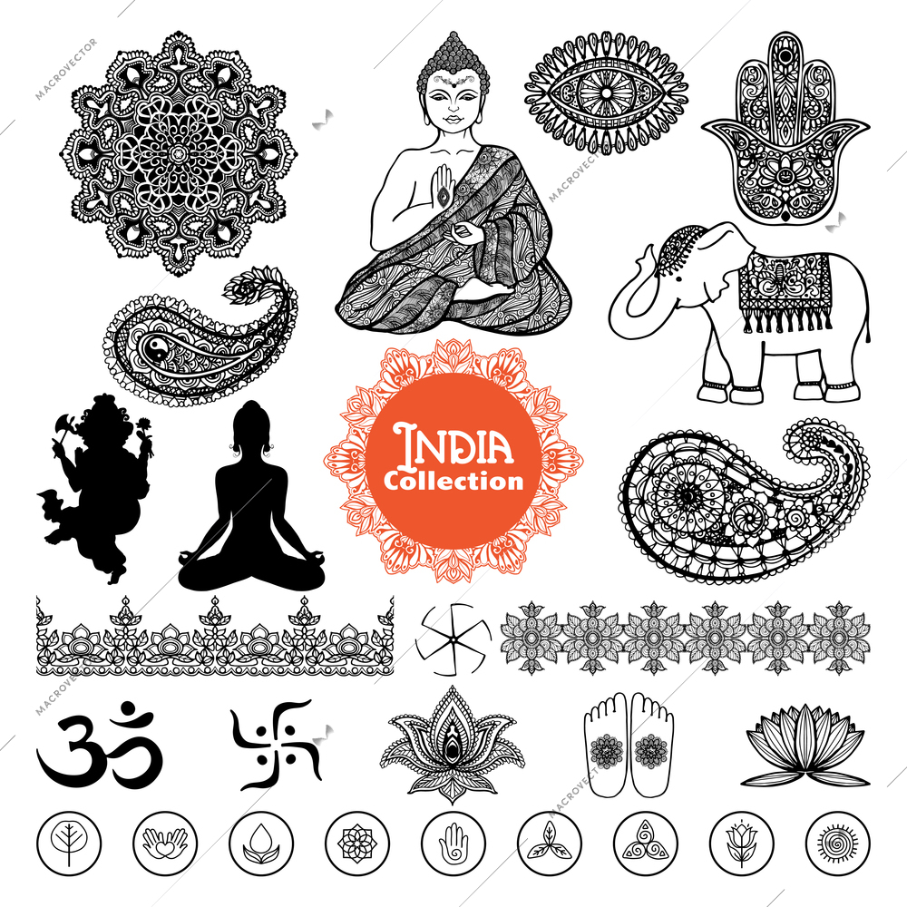 Hand drawn india design elements set  with woman in lotus position elephant  tracery pattern and ornament  vector illustration