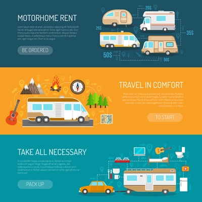 Recreational vehicle horizontal banners set with motorhome rent and travel in comfort symbols flat isolated vector illustration