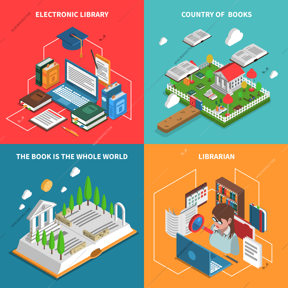 World of books concept isometric icons set with electronic library and librarian symbols isolated vector illustration