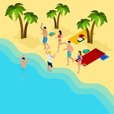 Friends on the beach with palm trees sand and sea isometric vector illustration