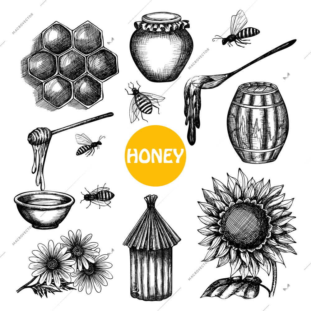 Honey production black icons set with beehive honeycombs cells and flying bees doodle abstract isolated vector illustration