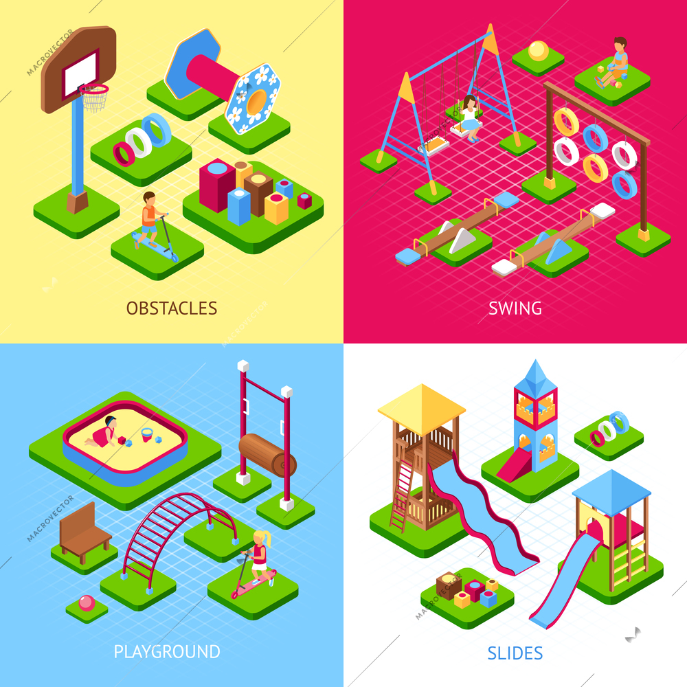 Set of 2x2 images of playground obstacles swings and slides kits isometric 3d vector illustration