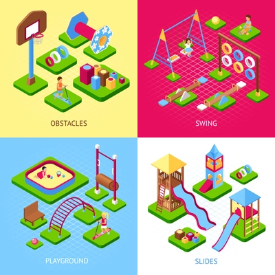 Set of 2x2 images of playground obstacles swings and slides kits isometric 3d vector illustration