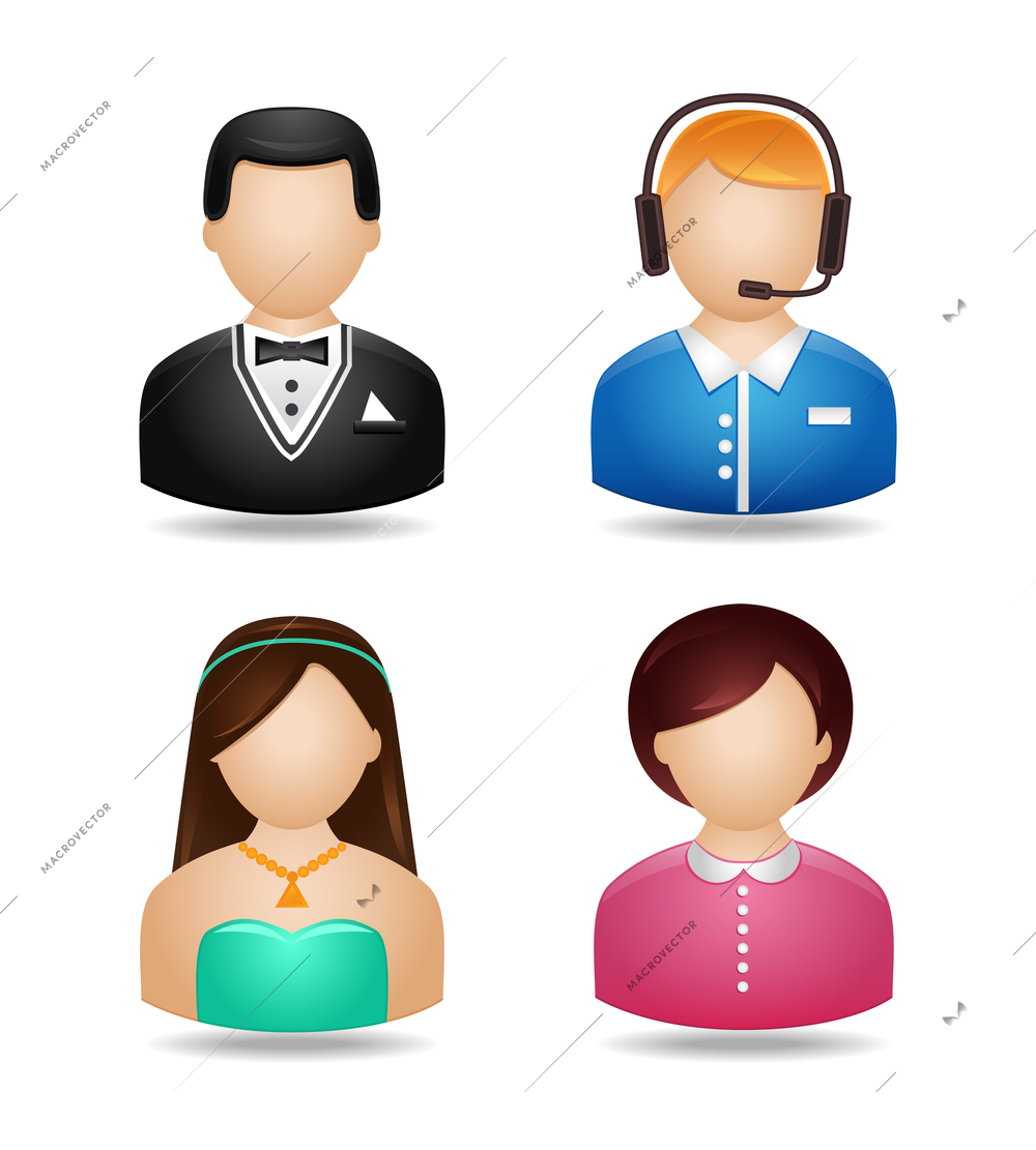 Avatar icons of man and woman in evening cocktail party and casual work wear isolated vector illustrations