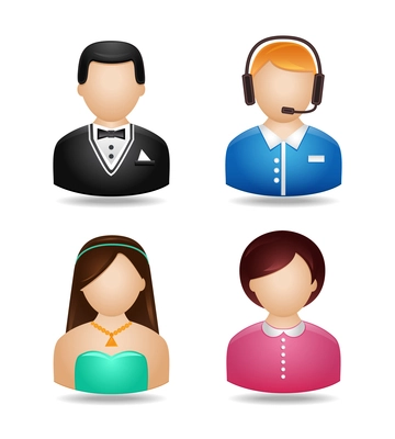 Avatar icons of man and woman in evening cocktail party and casual work wear isolated vector illustrations