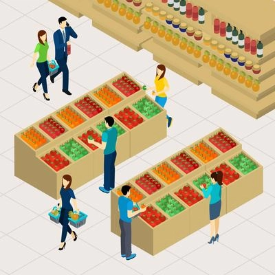 Family shopping with parents and children in a supermarket isometric vector illustration