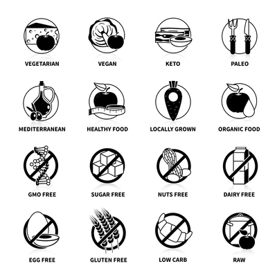 Black diets pictogram set  with comments   isolated vector illustration