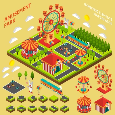 Amusement park attractions elements map creator isometric symbols for fairground composition banner abstract vector illustration