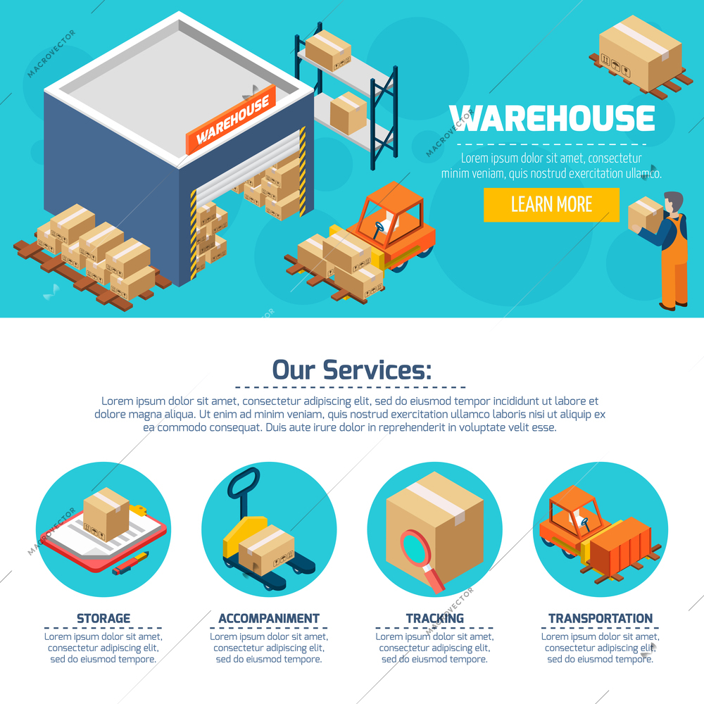 One page of warehouse web site with titles and color icons about different services