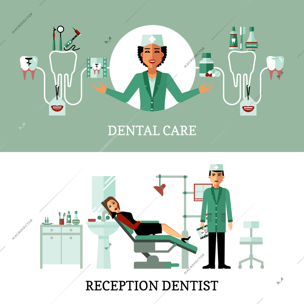 Dentist office horizontal banners with dentist reception concept and dental care composition flat vector illustration