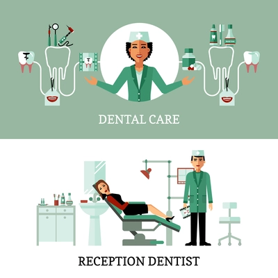 Dentist office horizontal banners with dentist reception concept and dental care composition flat vector illustration