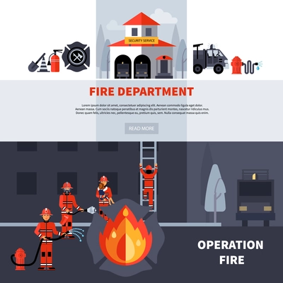 Fire department and extinguishing fire banners with fire station building and fireman brigade with extinguishers flat vector illustration