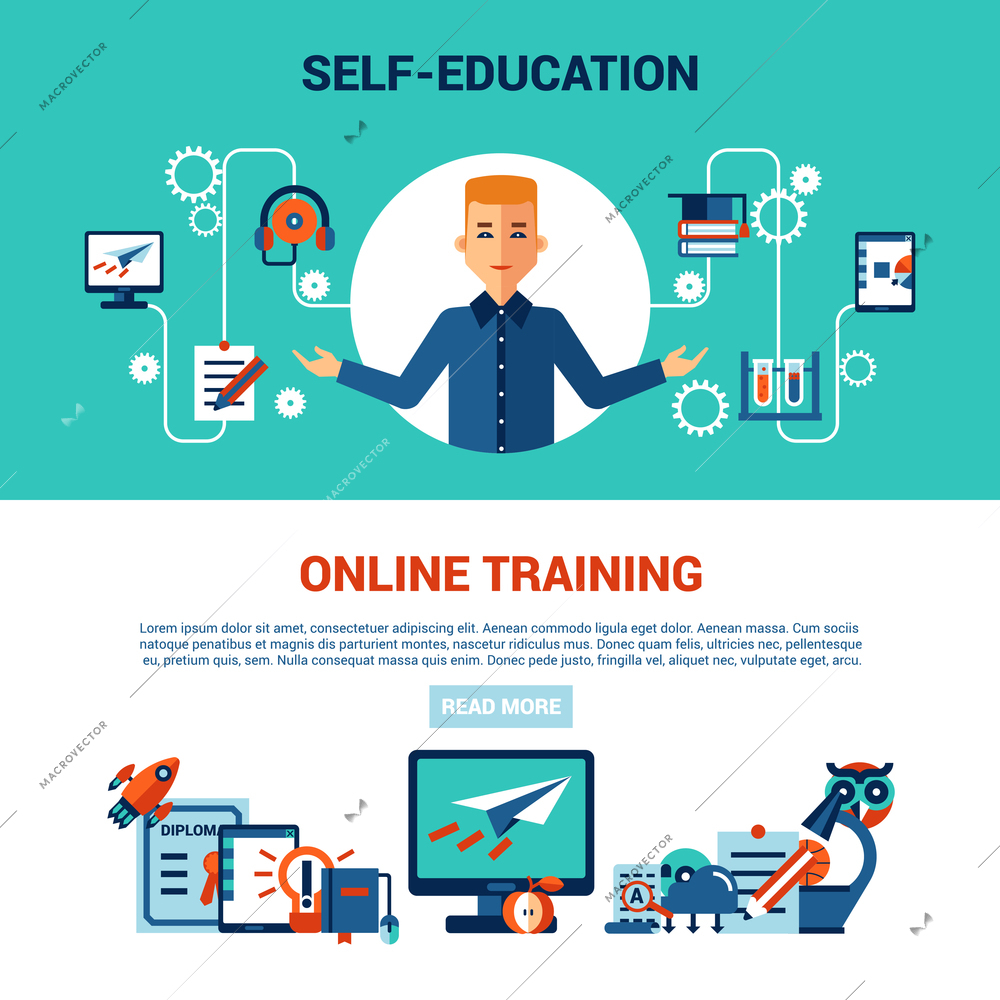 online education horizontal banner set with young man computer self education and online training icons vector illustration