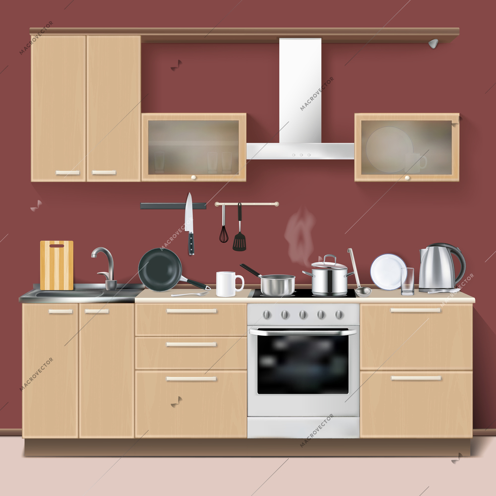 Realistic kitchen interior modern design concept with furniture oven and household utensils vector illustration