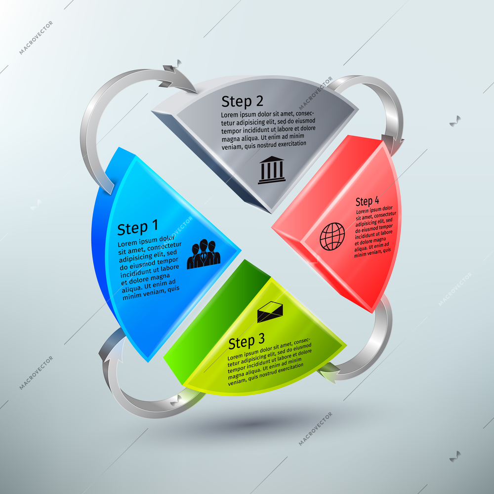 Abstract 3d pie chart business infographics layout template with process and arrows vector illustration