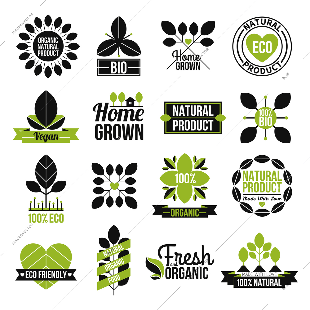 Organic natural product label set for advertising healthy and fresh food flat isolated vector illustration