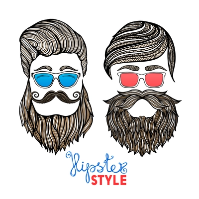 Two hipster hair style men heads with blue and red glasses doodle pictograms abstract vector isolated illustration