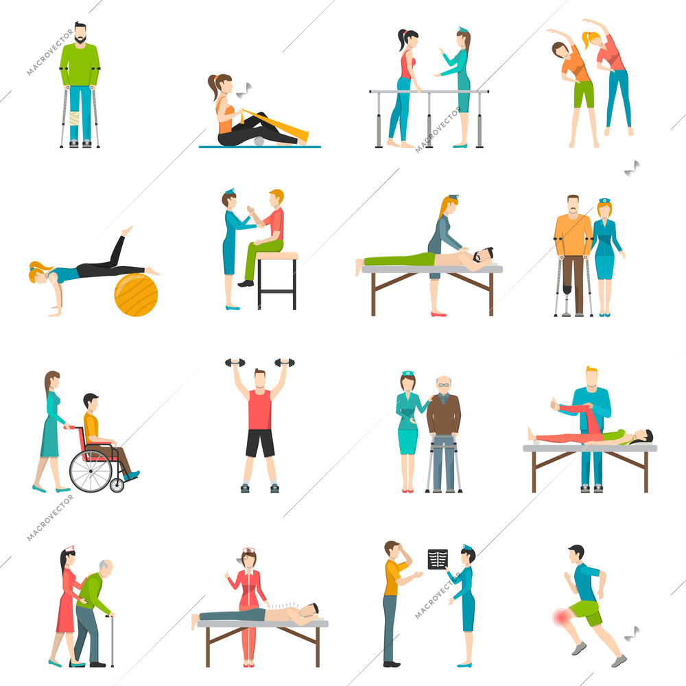 Physiotherapy rehabilitation flat color icons with doctor nurse and patients involved in physical exercises massage and chiropractic isolated vector illustration