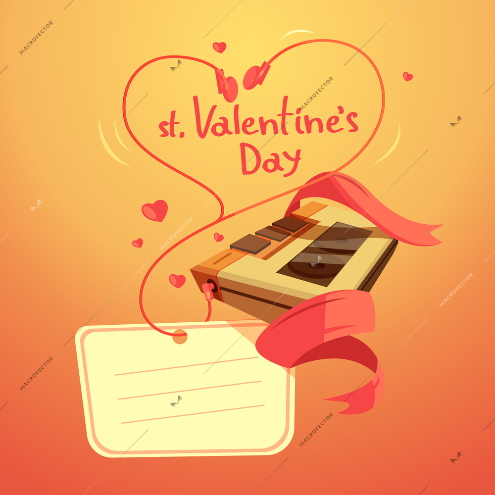 Valentine day retro cartoon with headphones in heart shape vector illustration