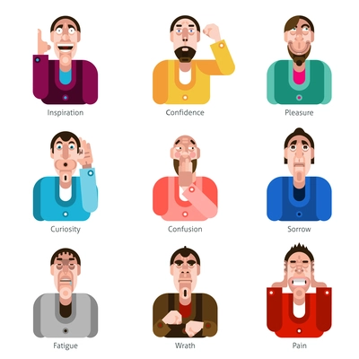 Male faces with different emotions decorative icons set isolated vector illustration