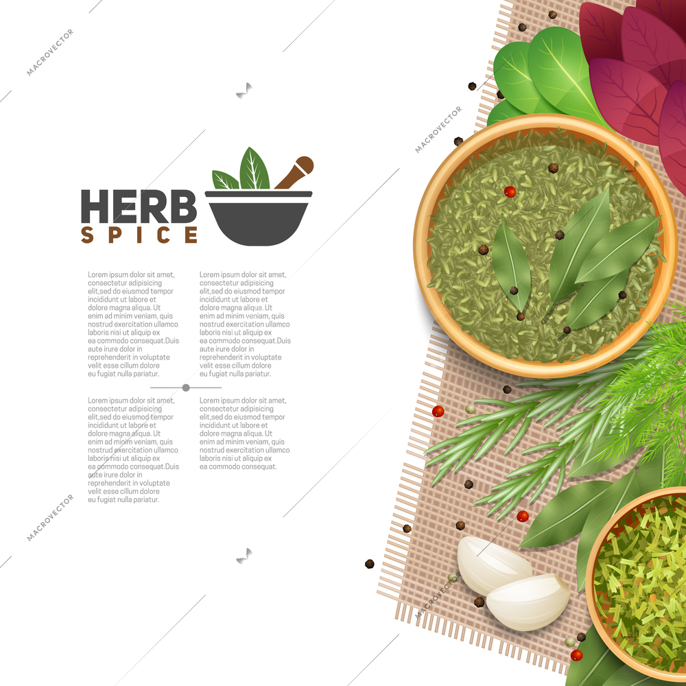 Benefits of herbs and spices in cooking informative poster with text mortar and pestle symbol flat vector illustration