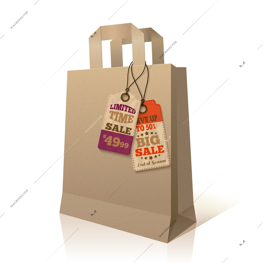 Paper sale shopping bag with promotion special price offer tags template isolated vector illustration